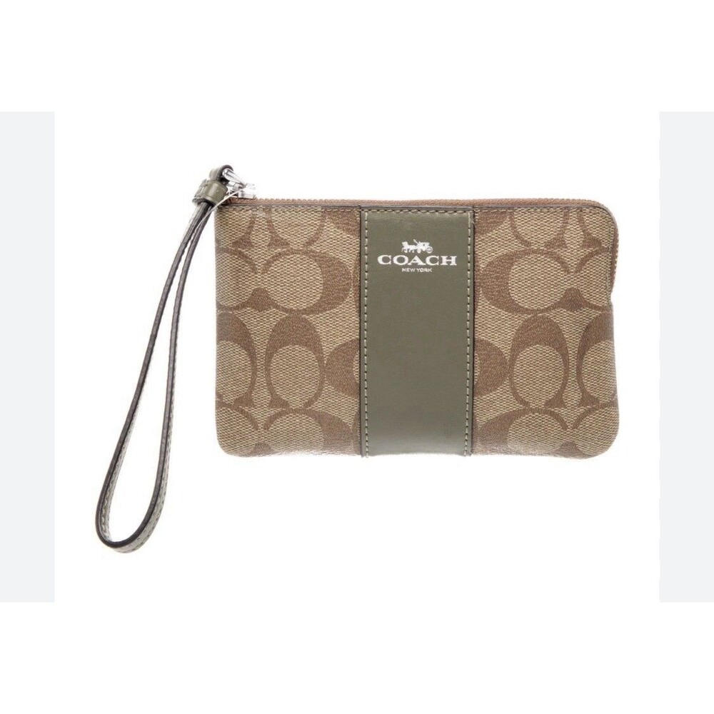 NWT Coach Signature Logo Zip-Around Wristlet Wallet Strap Brown Khaki Green